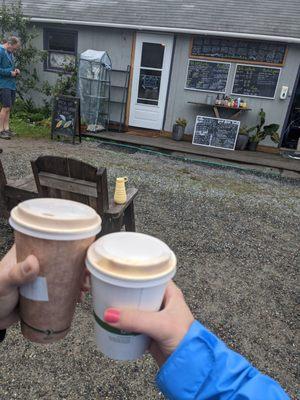 Maple oat latte and dirty tumeric latte on a rainy day, yum!