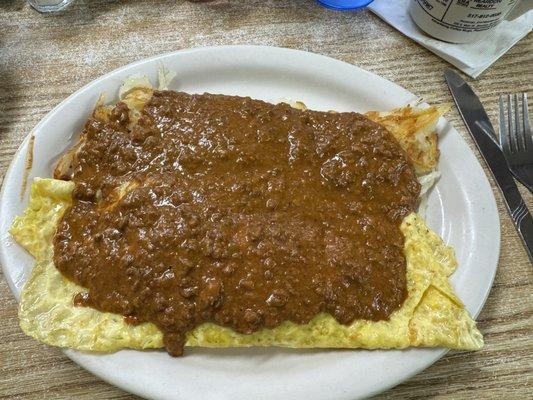 Western omelette and hash browns with coney sauce (don't knock it til you try it...lol)