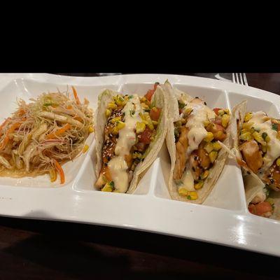 Salmon tacos and noodle salad