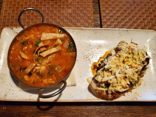 Soup and pulled pork open faced sandwich