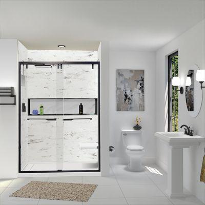 Monterey engineered solid surface shower from Samuel Mueller.