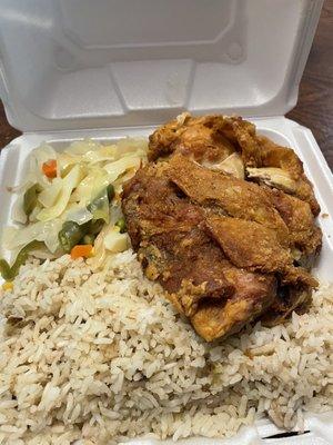 Fried chicken with gungo rice & peas