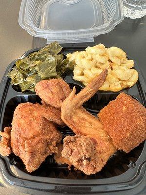 Fried Chicken (white portion) Mac cheese, collard greens and corn bread.