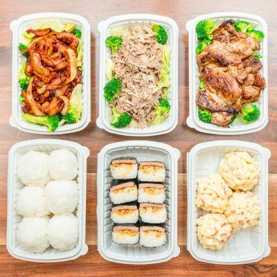 Family Meal - Island Fire Chicken, Kalua Pork, Hawaiian BBQ Chicken, Rice, Mac Salad. Spam Musubi