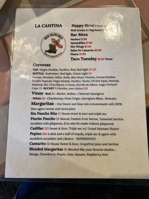 Happy hour menu! Food was on point, highly suggest the Pinche Pancho margarita without jalapeños.