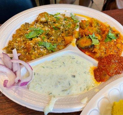 Combo plate with karela and undhiyu, raita