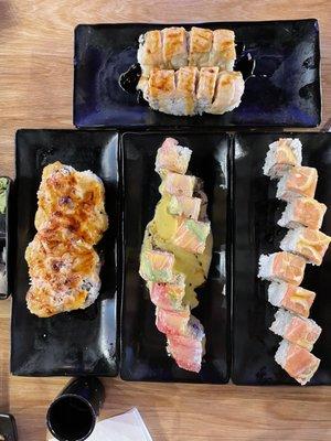 alaska roll, dynamite roll, mango style roll, and happy ending roll