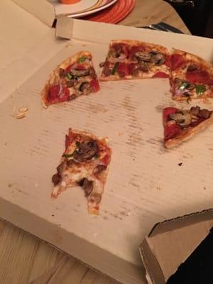 Forgot to take a pic before I digged in!! Supreme/Thin Crust/Cut in Squares