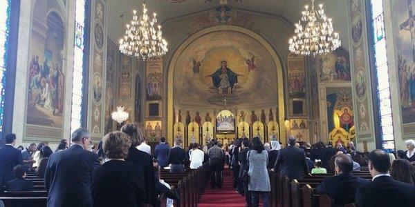 A view of the cathedral iconostasis and apse from the pews.