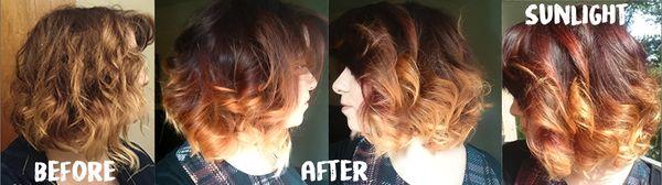 Dark Red root melt with a blonde balayage and trim.