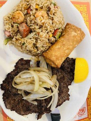 Fried steak special mixed fried rice and egg roll