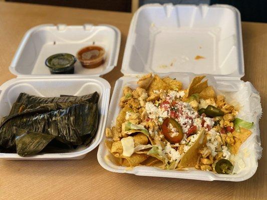 Chicken nachos, chicken tamales