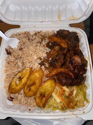 Oxtail, Rice and Red Peas, plantain, cabbage