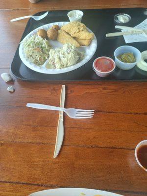 Fried catfish, potato salad,hush puppies and coleslaw