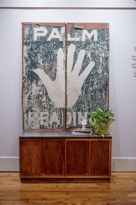 Vintage Palm Reading Sign styled with iconic Midcentury designer Milo Baughman Petit Credenza with Slate Top