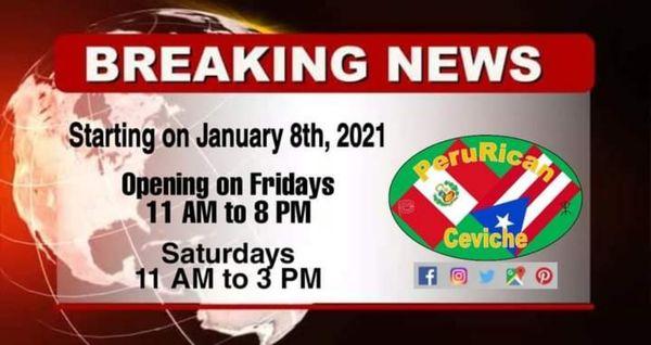 NOTICIA DE ÚLTIMA HORA Comenzando el 8 de enero del 2021 estaremos abriendo los VIERNES de 11 AM á 8 PM y Sábados de 11 AM á 3 PM.