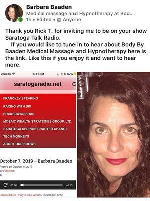 518-424-8939 BODY BY BAADEN 
Saratoga Talk Radio loves Body By Baaden Alternative Therapies..do you?