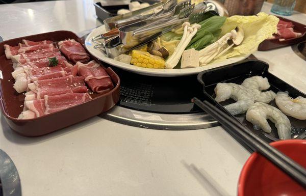 Brisket, vegetable platter, shrimp