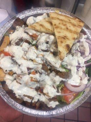 Try the EXPRESS COMBO! Lamb & Chicken over our special rice topped off with our famous white sauce. Salad, pita bread and a can soda $8.99!