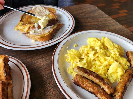 French Toast, Scrambled Eggs, and sausage Links