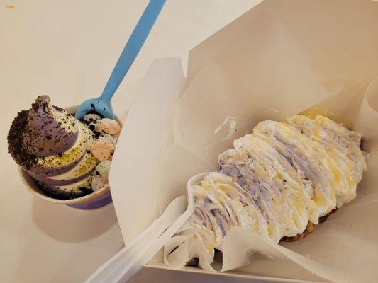 Creamy ube anko croffle w/ ube melon swirl ice cream