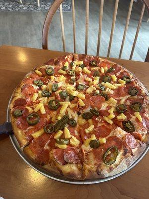 Pineapple, jalepeno, pepperoni pizza