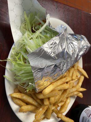 Souvlaki sandwich & fries