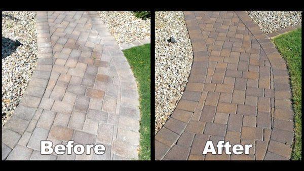 Before and after results of cleaning and sealing pavers. It is important to maintain your pavers.