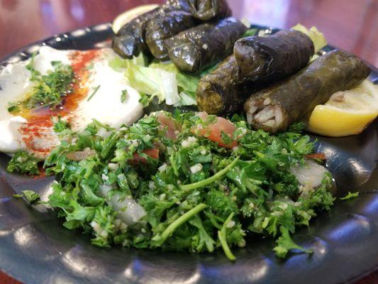 The #3 Combo Platter, with meat stuffed grapleaves, tabbouli, hommous, and pita bread.