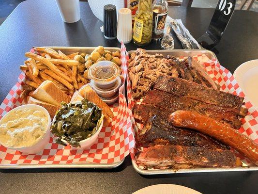 Sampler plate, ribs, pulled pork, sausage. Brisket, potato salad, collard greens, Texas toast, fried okra