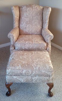 Newly reupholstered wing chair and ottoman