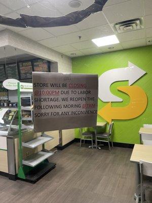 This Subway has stopped being open 24 hours for over a month. It's only open from 7am to 10pm now.