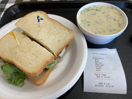 Roast beef sandwich and potato soup.