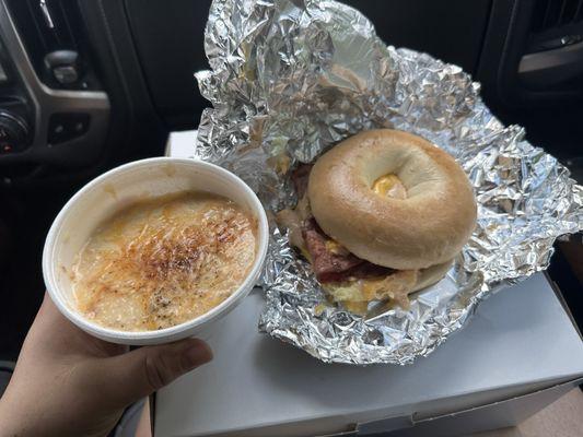 Breakfast bagel and cheese grits