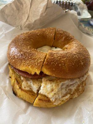 Pork roll egg and cheese on an egg bagel