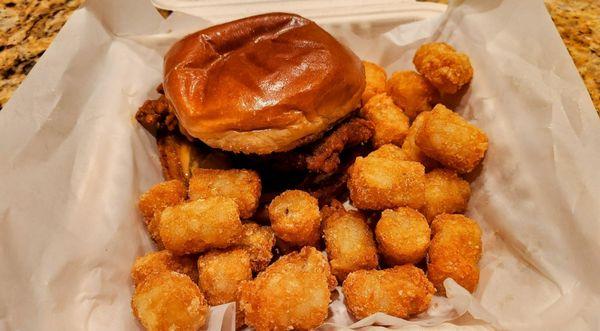 Nashville "Lava Hot" Chicken Sando ($13.99) and side of Tots ($6.50)