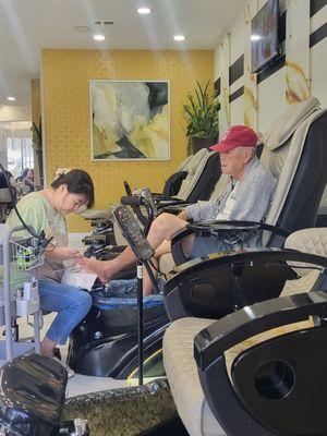 91 years old and getting his first pedicure.  He loved it!  Thank you for the great service he received!