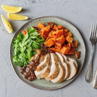 Pavochon, oven baked 98% fat free breast of Turkey and sweet potatoes