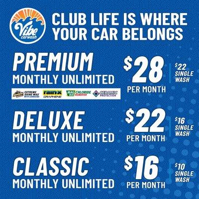 Vibe Car Wash Pricing 2024 - Premium Unlimited Club Membership: $28 per month.