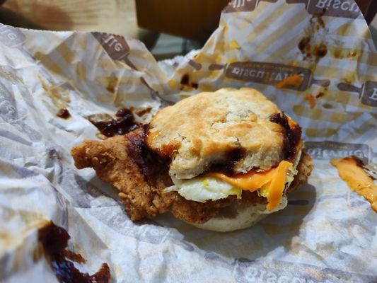 Fried chicken filet biscuit, with apple butter.