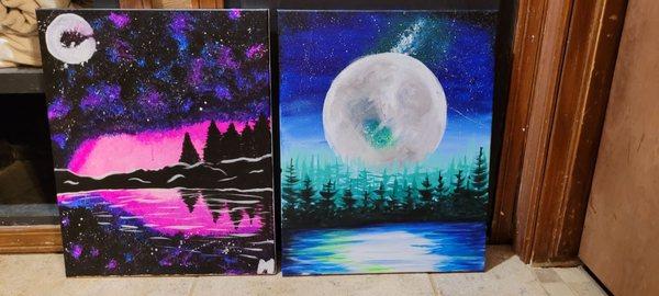 On the left is the Galaxy Lake we painted as a class, and the right is the gorgeous painting the staff gifted to me and my fiance!