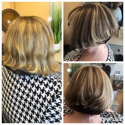 Before and after color highlights cut and style