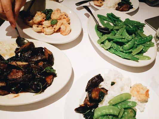 Eggplant with basil, salt and pepper prawns, and sautéed snap peas!