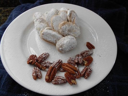 Pecan Crisps: Buttery cookies made with fresh chopped pecans, and a sprinkling of powdered sugar.