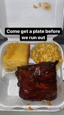 Cornbread mac and cheese and BBQ ribs