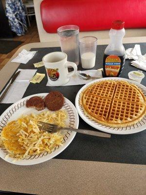 minus the eggs not an all star just waffle golden sausage browned double hash browns in the ring. coffee sugar free syrup