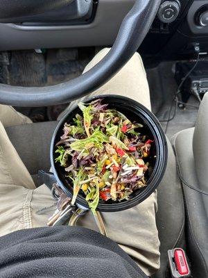 Really small salad for $8.00 - had about 1 oz of chicken in it. The full salad isn't much bigger. Small portions, big prices