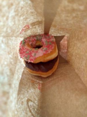 Chocolate and strawberry iced glazed donuts! #dunkindonuts