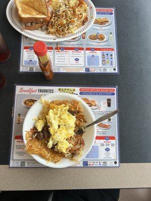 Sausage bowl, steak and cheese, Texas sandwich or hashbrowns