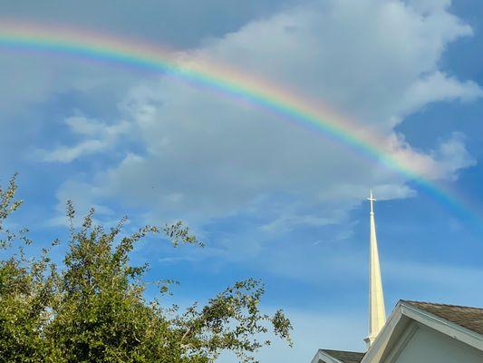 Rainbow over the steeple of Gates Chapel at NUCC